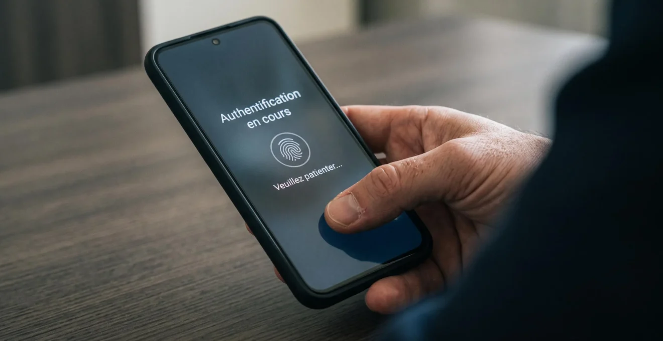 Doigt posé sur le capteur d'empreinte digitale d'un smartphone pour authentification bancaire, écran affichant l'interface de validation biométrique en français