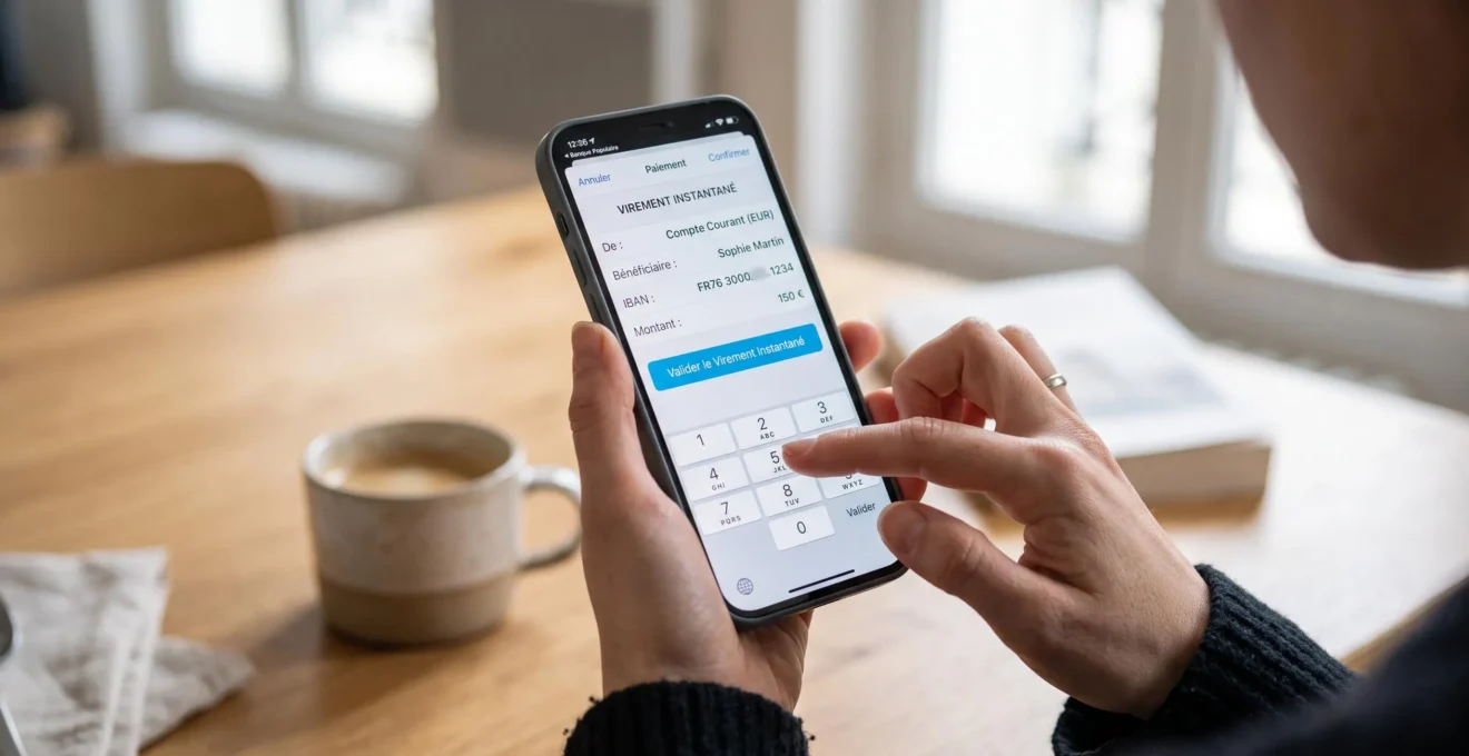 Gros plan sur des mains effectuant un virement instantané de 150 euros via application bancaire mobile, écran affichant le formulaire de saisie en français avec bénéficiaire et montant visibles